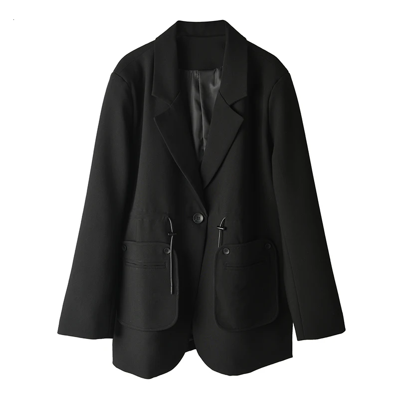 [EAM] женский черный блейзер с карманами на завязках, новая свободная куртка с отворотом и длинным рукавом, модный весенний осенний 1H7920 - Цвет: Black