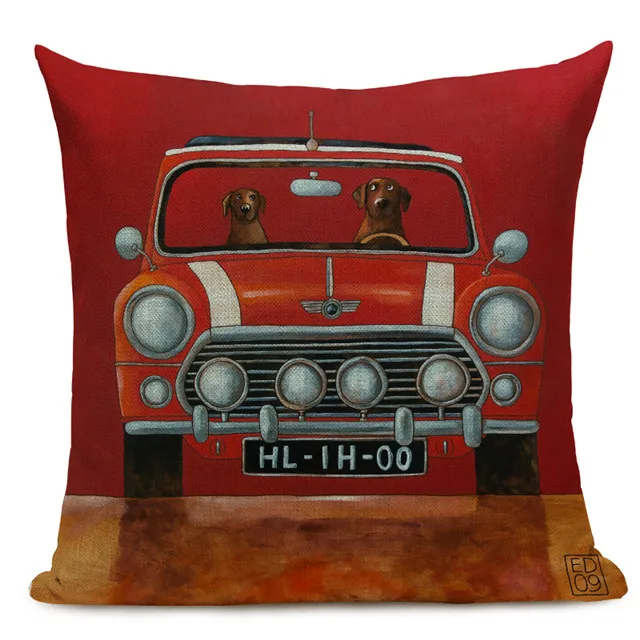 Hot Sale Pillow Lovely Cartoon Dog Cat Color Driving Car Vintage Almofadas 45X45CM Linen Pillow Decorative Linen Cushion Cover - Цвет: 19