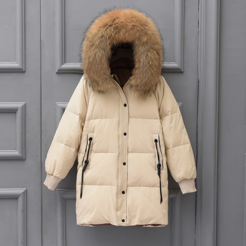 Beige-bense faux fur AYUNSUE, женский зимний пуховик,, длинное пуховое пальто на утином пуху, большой воротник из меха енота, теплое, Doudoune Femme Hiver KJ3536 - Цвет: Beige-bense faux fur