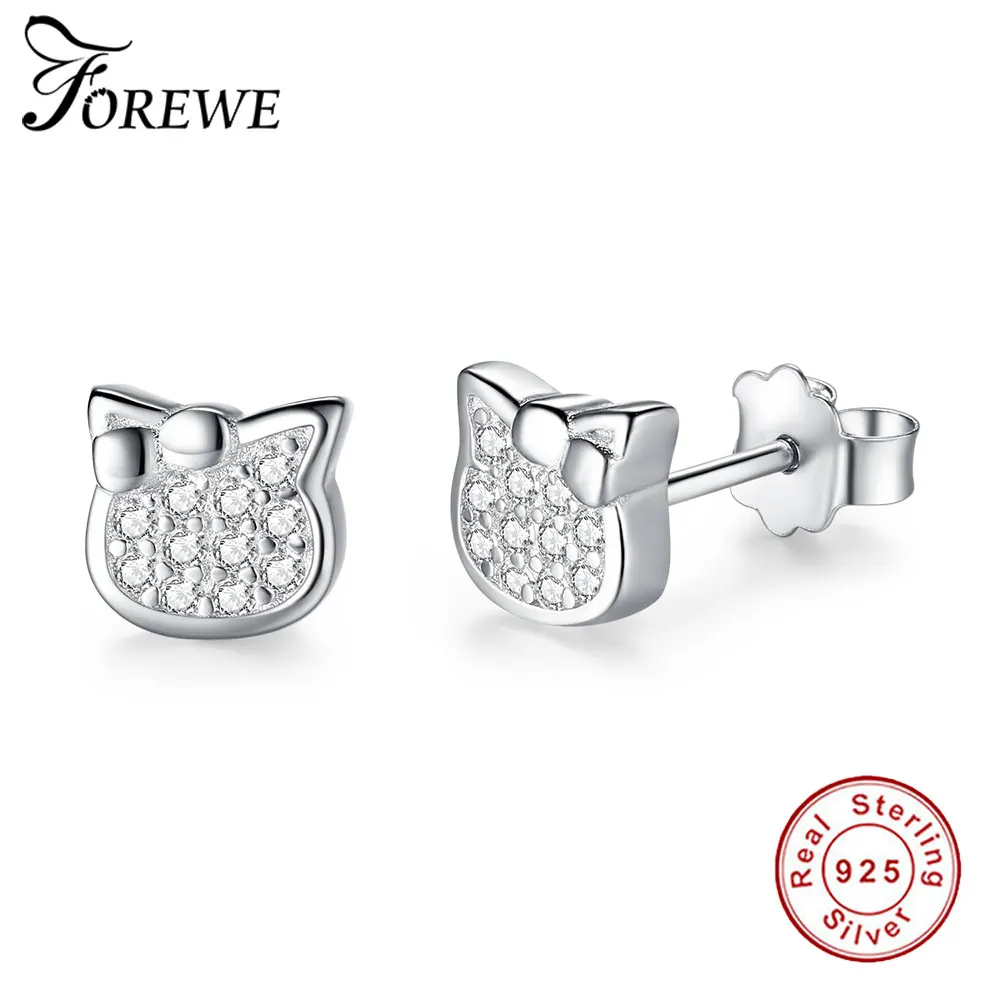 Настоящее серебро 925 пробы серьги кубического циркония милый кот серьги-гвоздики с животными для женщин модные ювелирные изделия Рождественский подарок