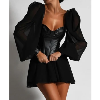 

Chiffon Puff Sleeve PU Leather Dress Black Square Collar Retro Elegant Mini Dress Bodycon Club Celebrity Party Dress Women 2020