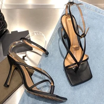 

2020 Summer Flat Buckle High heeled Sandals Goddess Style Stiletto Sandals New Wild High-heeled Flops Women's Shoes Size 33-40