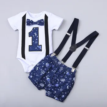 

Newborn Baby Boy Clothes Gentleman One-year-old Birthday Romper Shorts Sleeve Tops Straps Shorts Outfits 0-24M
