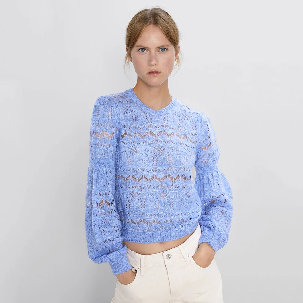 2019 ZA Solid Color Openwork Sweater for Women Round-Collar Long Sleeve Ribbed Layer Design Autumn Winter Wholesale | Женская одежда