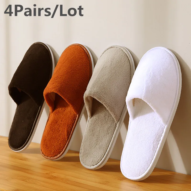 4 Pairs/Lot Mix Colors Coral fleece Men Women Cheap Disposable Hotel Slippers Cotton Slides Home Travel SPA Slipper Hospitality 1 pair line simple slippers men women hotel travel spa portable folding house disposable home guest indoor slippers big size