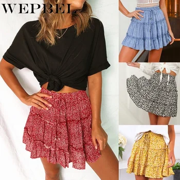 

WEPBEL Fantastic Women Summer Casual Bohe High Waist Ruffled Floral Print Beach Short Skirt