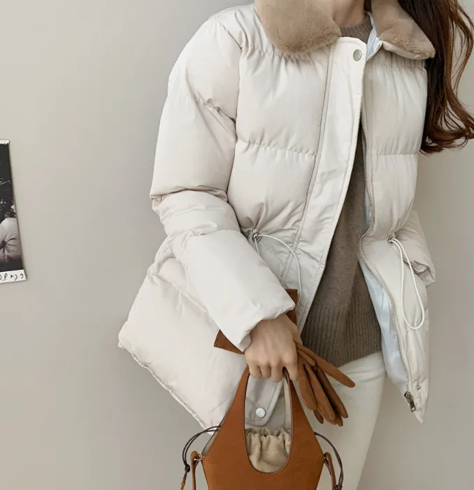 

2019 Autumn And Winter Korean-style CHIC Soft Dehaired Angora Fur Collar Thick Warm Drawstring Waist Hugging Cotton Coat Cotton