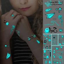 

Luminous Stickers Neck Tattoo Temporary Glitter Tatto Kids Butterfly Paper Drifting Bottle Smiley Face Hand Tato Green Blue Glow