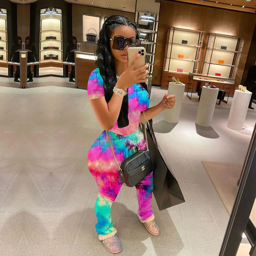 Wjustforu Ladies Summer Casual Fashion Tie Dye Stacking Suit Two Piece set Pullover T-Shirt + Sexy Pleated Slim Pants Female |