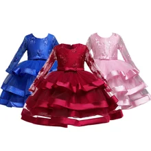 Праздничное кружевное платье с цветочным узором для девочек, детское элегантное рождественское бальное платье до колена с длинными рукавами для детей от 2 до 10 лет