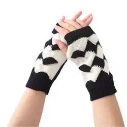 Короткие перчатки без пальцев контрастного цвета для женщин и мужчин, вязаные крючком ромбовидные вязаные зимние варежки с отверстием для