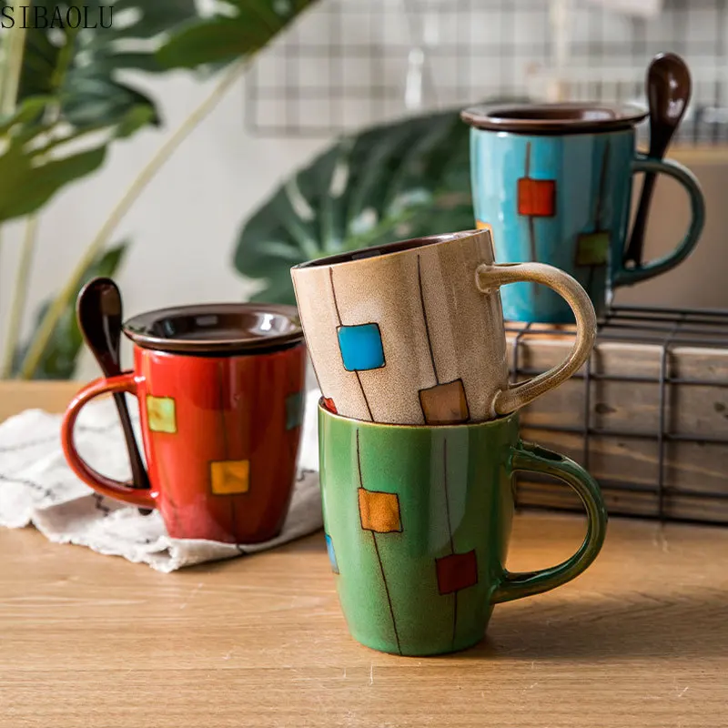 Creative Ceramic Cup Retro Personality Trend Mug Japanese Style Simple Cup Coffee Cup Household Water Cup with Lid Spoon