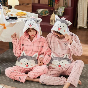

Pijama Mujer Winter Flannel Couple Pyjamas Set O-Neck Plus Size Home Pajamas 2PCS Cartoon Women Men Sleepwear Nightwear Suit