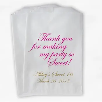 

Custom Sweet 16 Party Personalized Candy Buffet Paper Treat Bags - Hot Pink and Gold Thank You Favor Bags with Name and Date