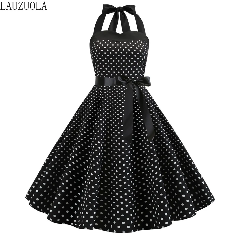 

LAUZUOLA Black Polka Dot Summer Dress 2019 Sleeveless Sexy Halter A-Line Party Robe Pin up Vintage Rockabilly Dress Swing Chic