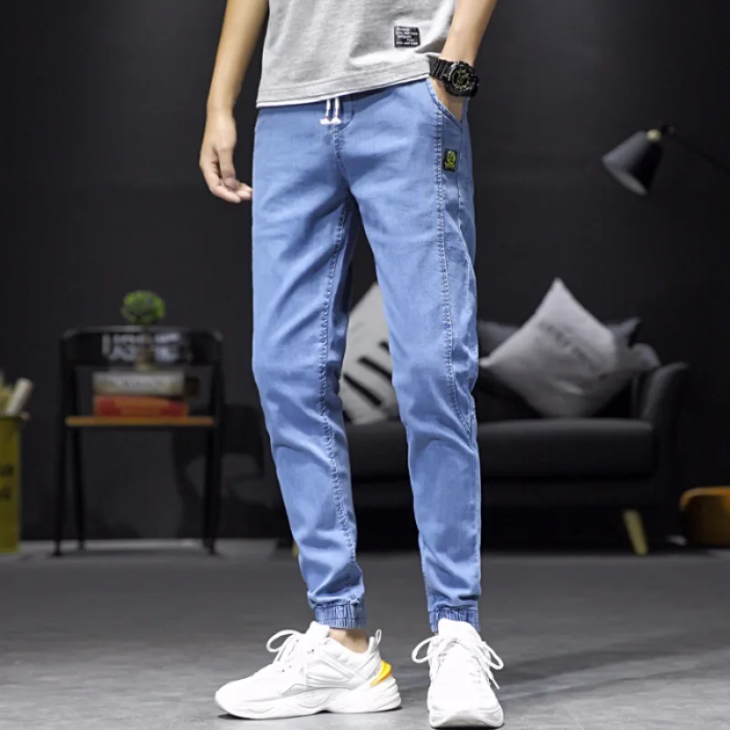 

802 Summer Thin Section Light Color Denim (Ankle-length Pants) Men's Elastic Waist Drawstring Ankle Banded Pants