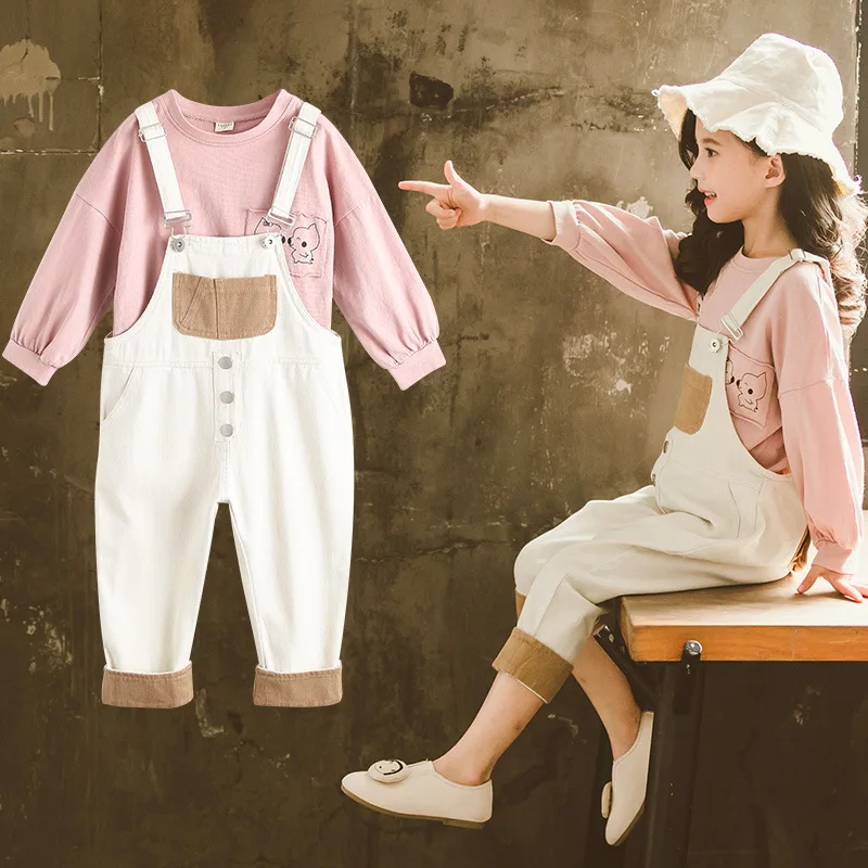 

CHILDREN'S Suit Spring Clothing New Style 2020 Big Boy Spring And Autumn Girls' Sweater T-shirt Small Yellow Duck Children Suspe