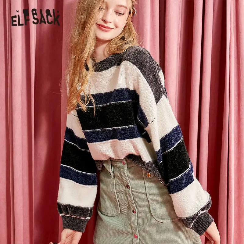 ELFSACK Striped Colorblock Women Pullovers Sweaters 2019 Winter Mohair Drop Shoulder Sleeve Office Ladies Basics Tops | Женская одежда