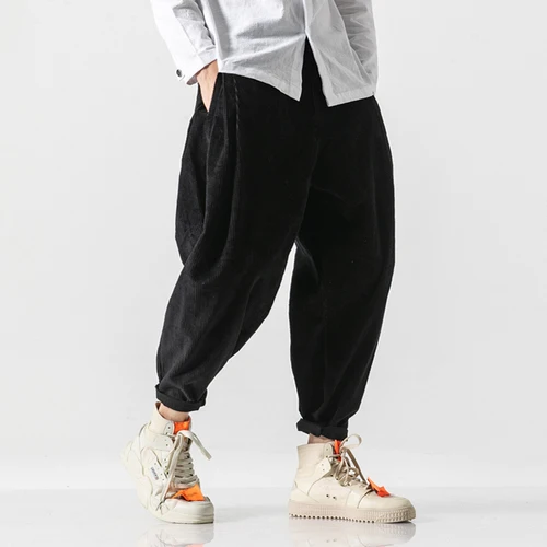 Мужские уличные хип-хоп винтажные модные китайские брюки Jogger спортивные брюки мужские новые вельветовые свободные шаровары - Цвет: Черный