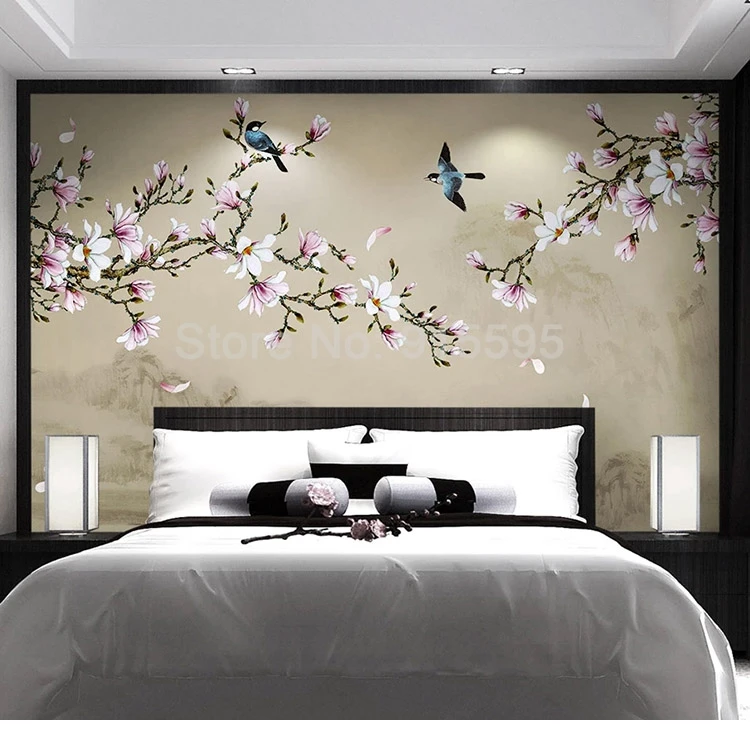 elegante magnólia, flores, pássaros, grande mural, quarto,
