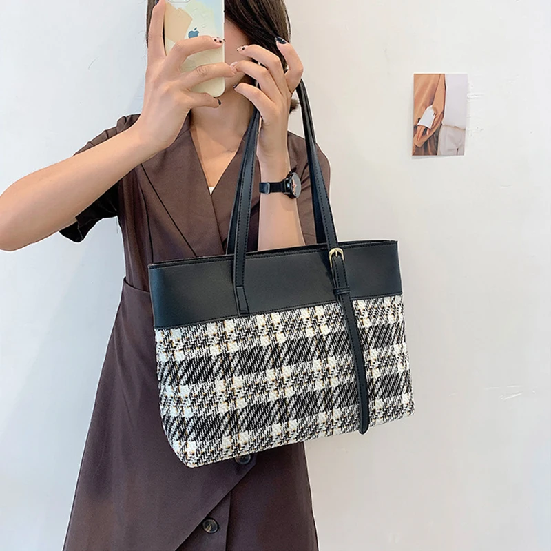 Houndstooth Women's Shoulder Bag Trendy Large Capacity Handbag Leather Stitching Travel Underarm Jacquemus Clutch Bags Purse | Багаж и