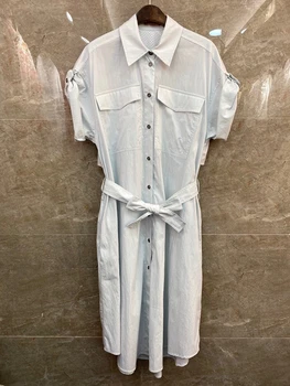 

2020 Spring and Summer New Women's Lapel Symmetrical Pocket Decorative Lace-up Knotted Waist Hugging Short-Sleeve Dress 705