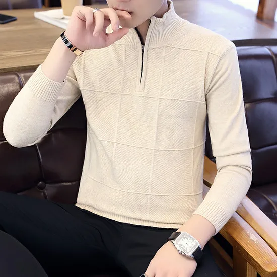 Men's Sweaters Autumn Winter Warm Cashmere Wool Zipper Pullover Sweaters Man Casual Knitwear Plus Size M-XXXL - Цвет: Бежевый