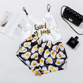 

Cute Good Morning Egg Print Pajama Sets Funny Pattern Pajamas for Women Strap Sleeveless Sexy Sleepwear Two Piece High Quality