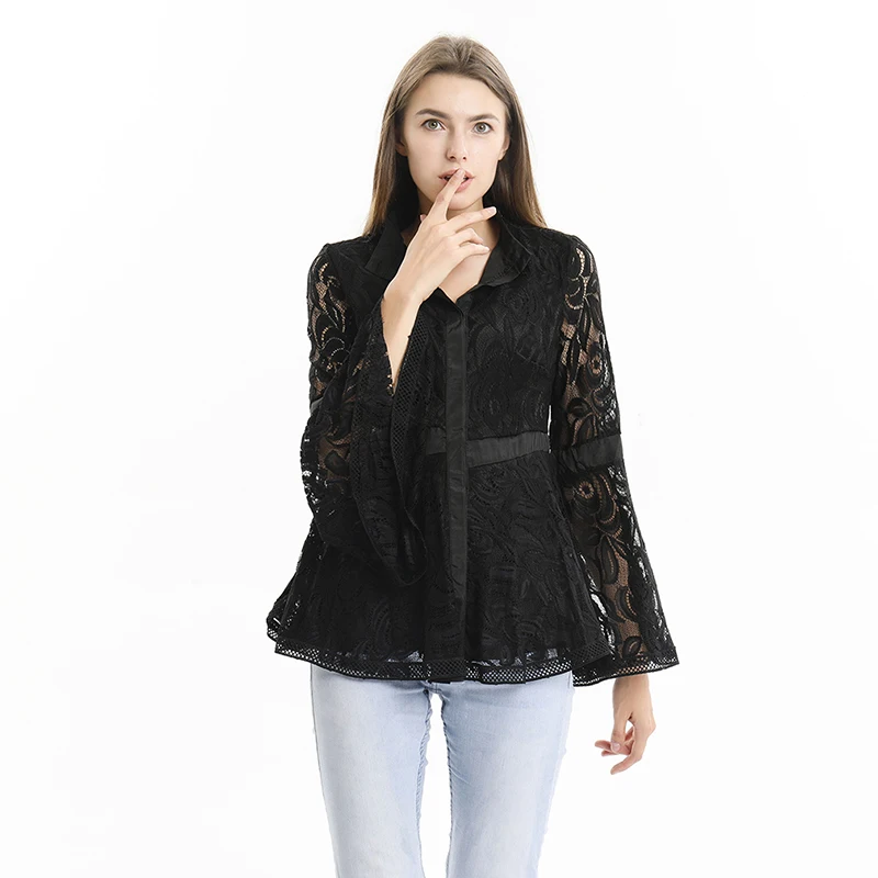 Women Lace Sexy Hollow Out Flared Sleeve Blouses Lady Black Patchwork Print Shirts Blusas Mujer De Moda