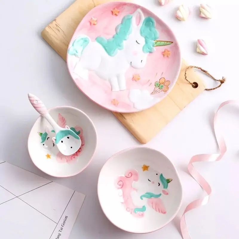 Platos de cerámica de unicornio rosa para niños, platos de fruta, platillo, bandeja de té, artículos de mesa plato para cena, juego para chico|Fuentes y platos| - AliExpress