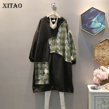 

XITAO Tide Patchwork Plaid Plus Size Dress Women Clothes 2019 Fashion Loose Oversized Pullover Full Sleeve Elegant Dress XJ2237.