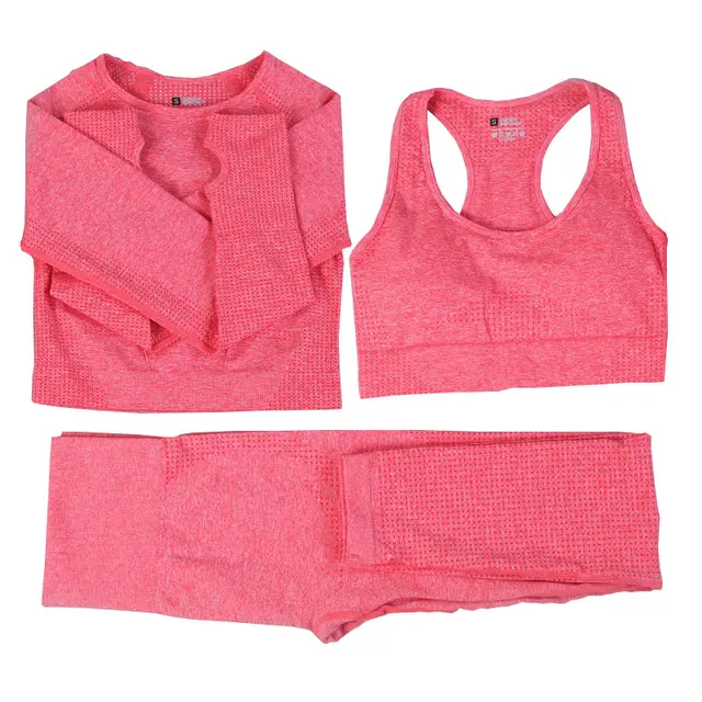 2/3/5PCS Women Sportswear Yoga Set Gym Clothing Tracksuit Long Sleeve Crop Top High Waist Seamless Leggings Fitness Sports Suits 3pcs watermelon red