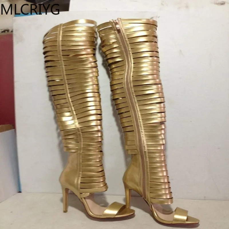 Women's shoes golden leather strip European and American Roman style catwalk high-heeled boots high-top sandals sandals