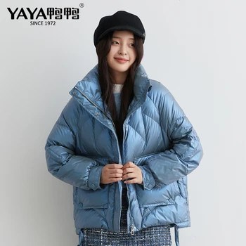 

YAYA Women's Down Jacket 90% White Duck Down Parka Female Stand-Up Collar Bright Blue Black White Down Short Winter Coats