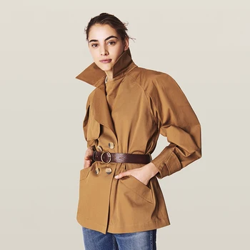 

Caramel Women Jacket Autumn Casual Long Sleeve Double Breasted Tie Waist Coat 2020 Office Lady Short Trench Coat Women Winter