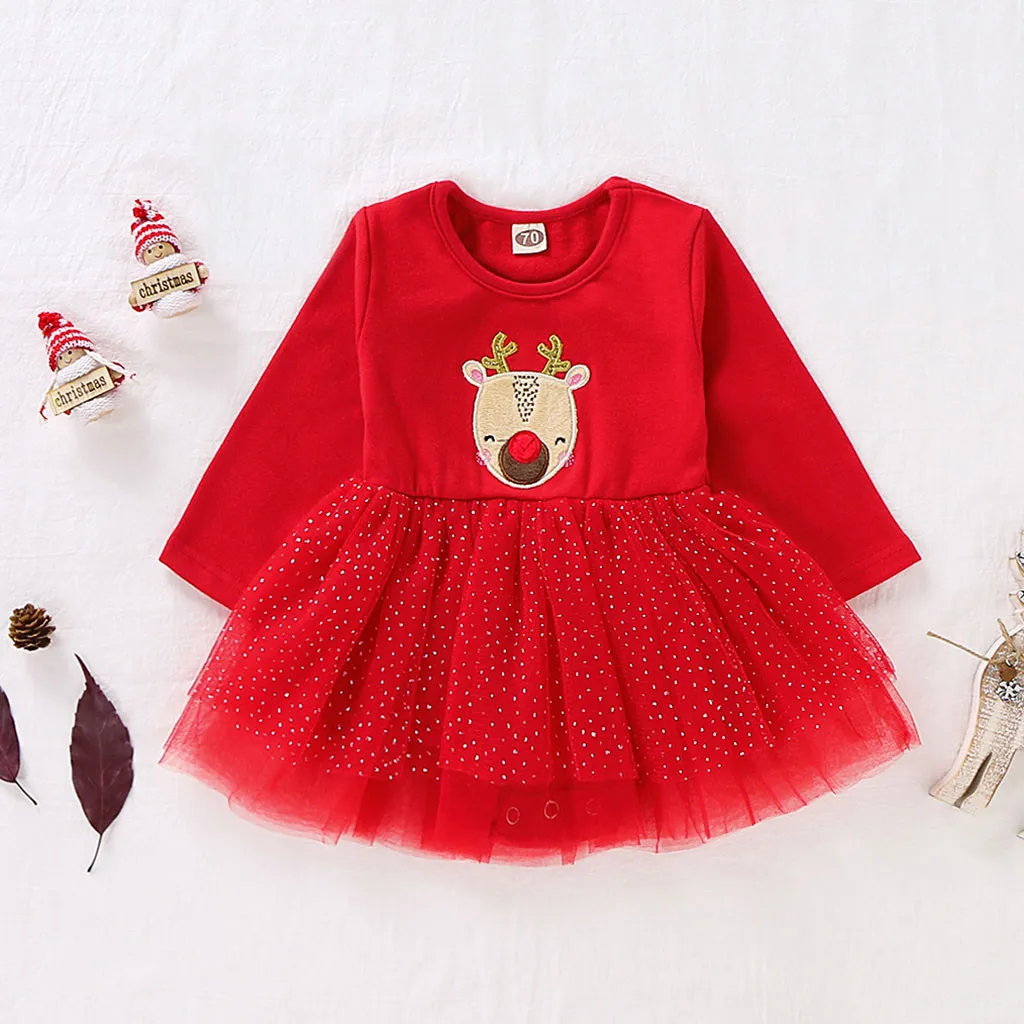 Зимний детский Рождественский костюм с длинными рукавами для маленьких девочек; Рождественский костюм с оленем; милое платье из тюля; костюм для новорожденных