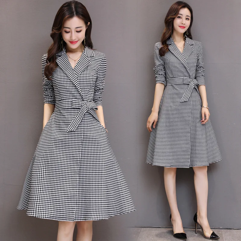 

2018 Spring Clothing New Style Plaid Dress Women's Spring And Autumn Mid-length Thousands of Birds Base Skirt Slim Fit A- line S