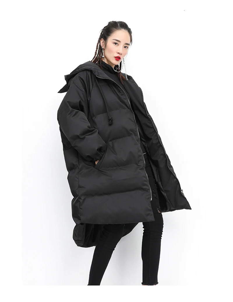 [EAM] пальто с хлопковой подкладкой, с капюшоном, с лентами, с длинным рукавом, свободный крой, женские парки, модная новинка, Осень-зима, 1K003