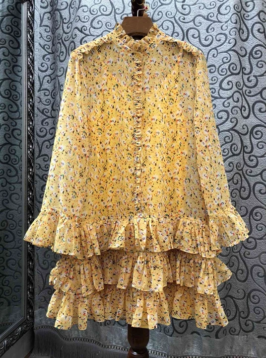 High Quality New Autumn Fashion Dress Women Charming Floral Print Cascading Ruffle Sexy Party Long Sleeve Yellow Dress Club