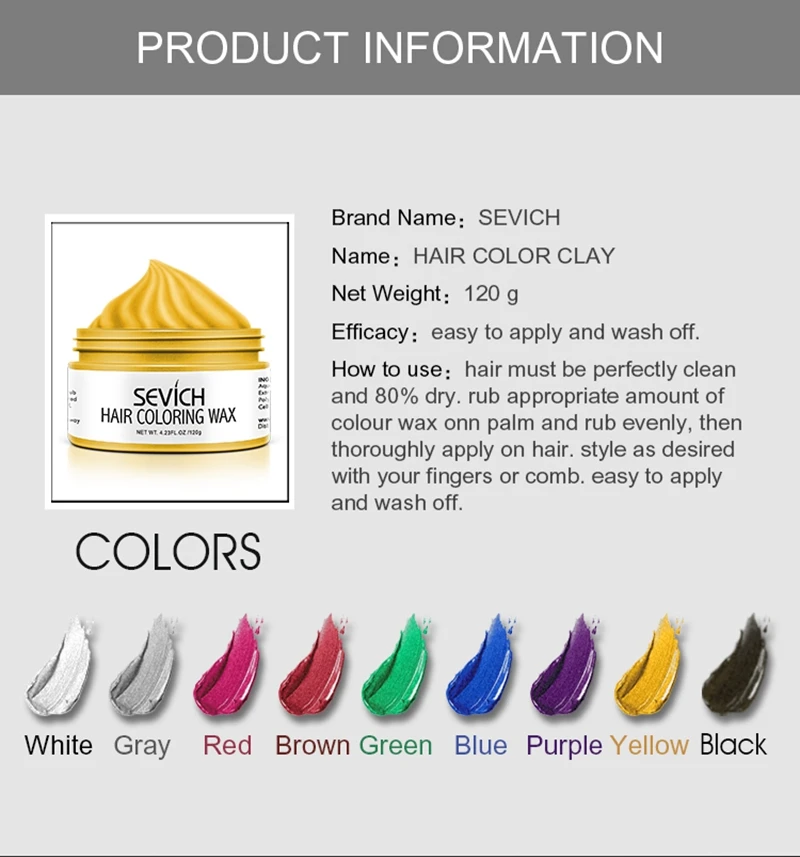 Sevich 9 colors Hair color wax Strong And Hold Unisex Hair Wax Black Color Hair Clay Temporary Hair Dye For Hair Styling