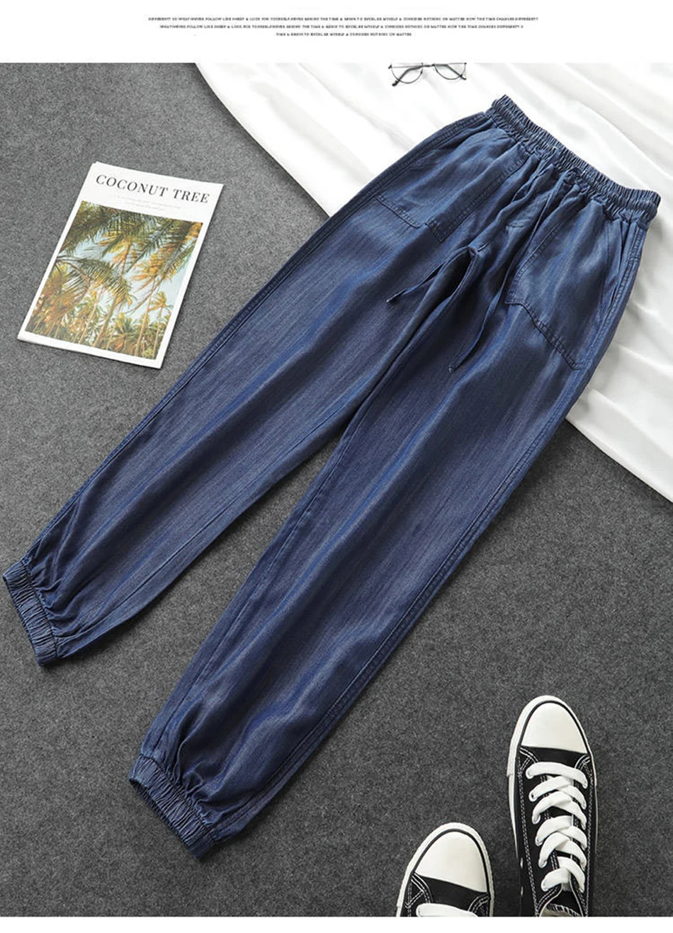 Fashion Casual Style Cotton Pants Leisure BF Harajuku Pants Summer Womens Elastic Waist Solid Basic Retro Loose Pants Trousers