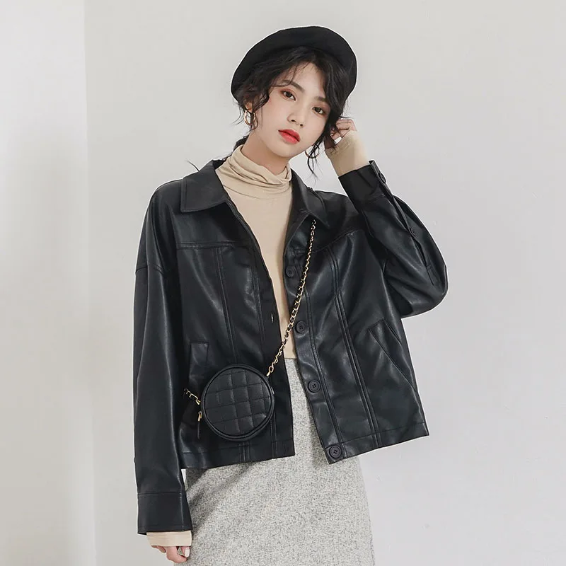

Women Leather Jackets Autumn & Winter Black Slim Cool Lady PU Faux Leather Coats Female Button Jacket Streetwear Hip Hop Outwear