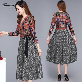

2019 Autumn Winter Plus Size mid calf Nationality style Dresses Women Elegant Korean a-line Dress Party Long Sleeve Vestidos