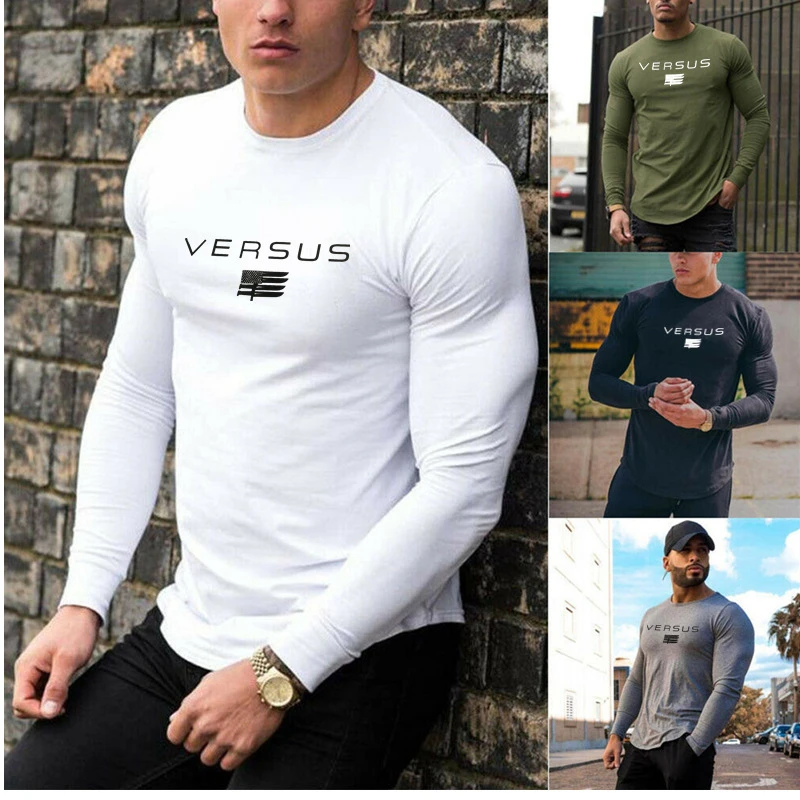 Gyms Tight Cotton Long sleeve T-shirt Mens Fashion printing T-shirt Homme Gyms T Shirt Men Fitness Summer Tees Tops