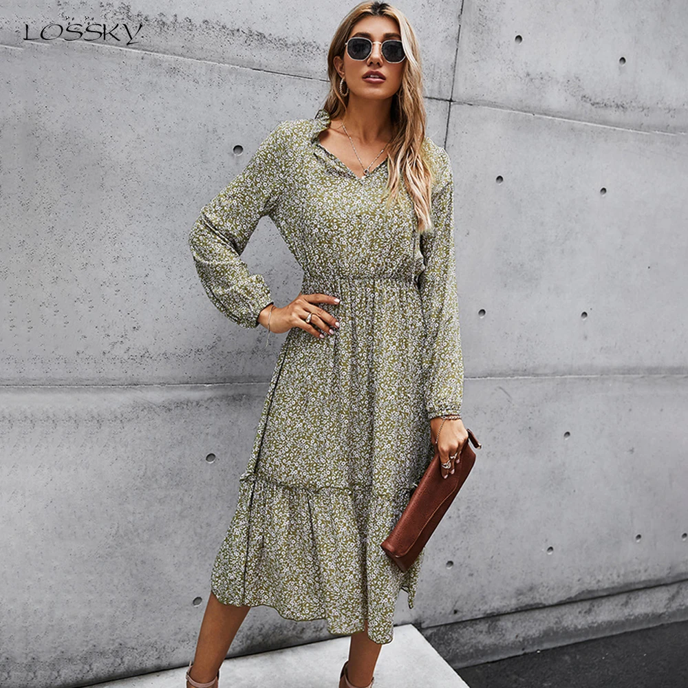 Long Dress Autumn Spring Casual Green Sleeve Floral Print Ruched Dresses New Arrival Fall Clothes For Women 2020 Fashion | Женская