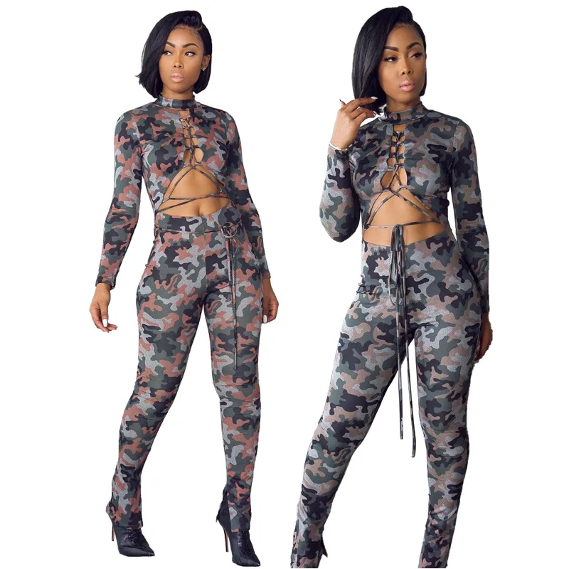 Women 2 Piece Set Camouflage Drawstring Print Bandage T-Shirt Skinny Pants Lounge Club Wear Trackuits Vintage Outfits asia lounge asian flavoured club tunes 2 cd