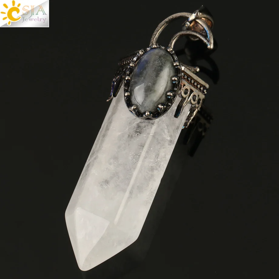 White Crystal CSJA Натуральный Камень Кристалл Подвески полудрагоценное ожерелье подвеска в форме половины Луны античный серебряный цвет шестигранная колонна подвеска G253 - Окраска металла: White Crystal