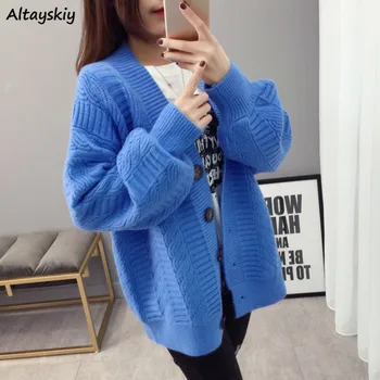 

Cardigan Women Solid Simple Basic Knitted Sweater Jumper Twisted Tops Student Harajuku Cute Loose Female Retro Trendy All-match