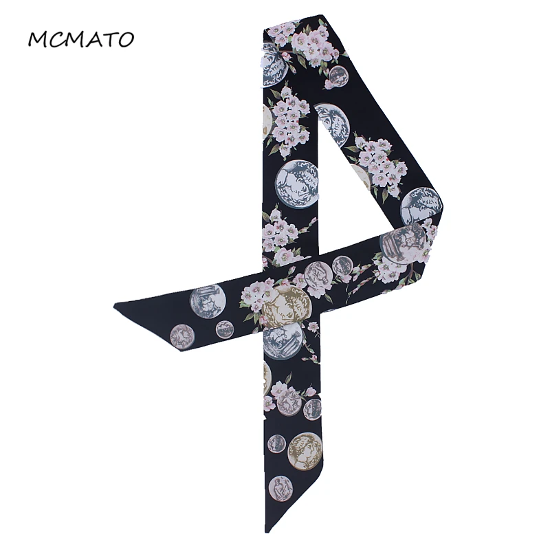 

2020 New Design Coin Floral Print Silk Scarf Women Luxury Brand Scarf Handle Bag Ribbons Fashion Head Scarf Small Long Scarves