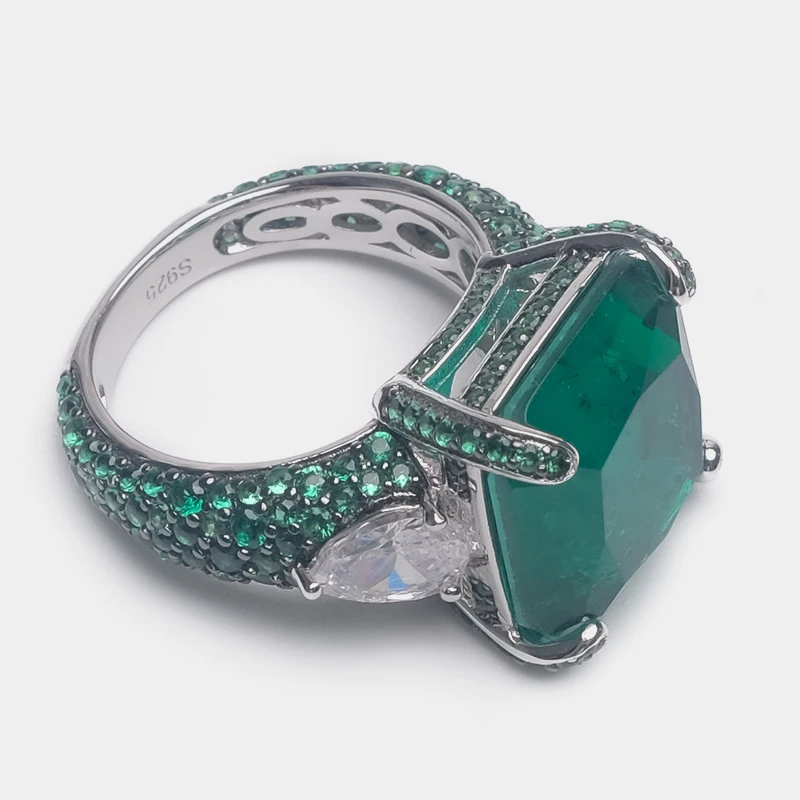 Местное фокусное модное 925 Серебряное квадратное дизайнерское блестящее зеленое кольцо
